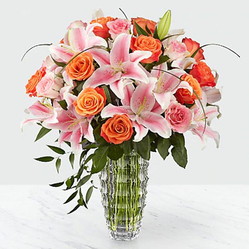 Dozen Orange Roses with Pink Lilies in a Vase – Ottawa Flowers Inc.
