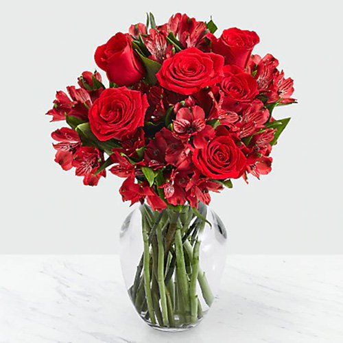 All Red Roses & Alstromeria in a Vase with Greens