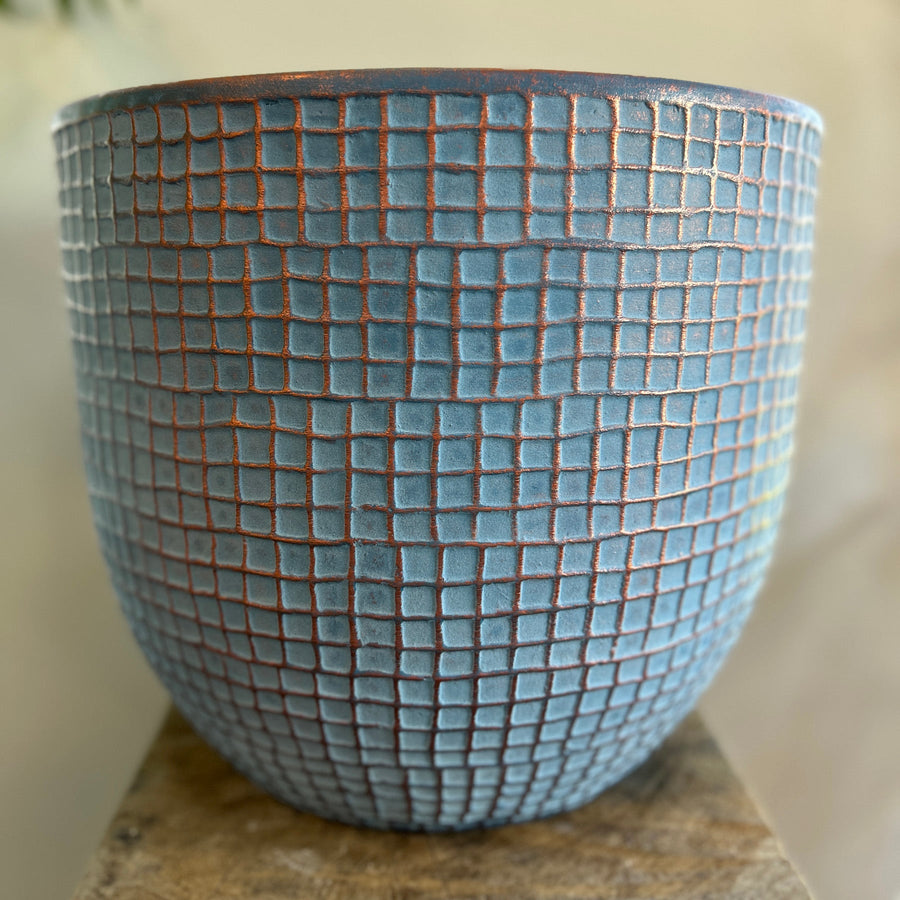 Blue Squares Large Ceramic Pot 13in