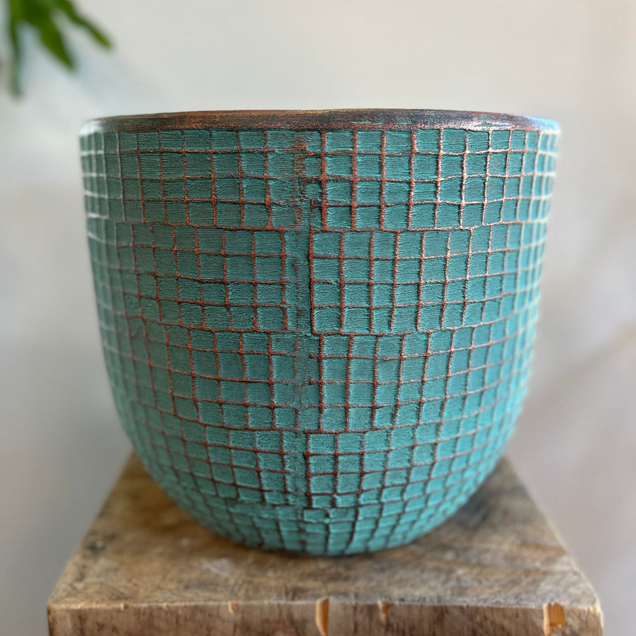 Green Squares Medium Ceramic Pot 10.5in