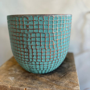 Green Squares Small Ceramic Pot 8in