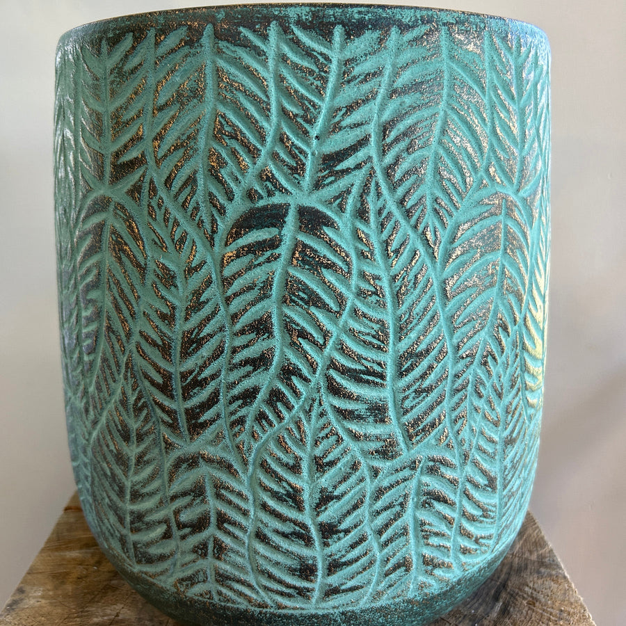 Small Aqua Leaves Ceramic Pot 8in